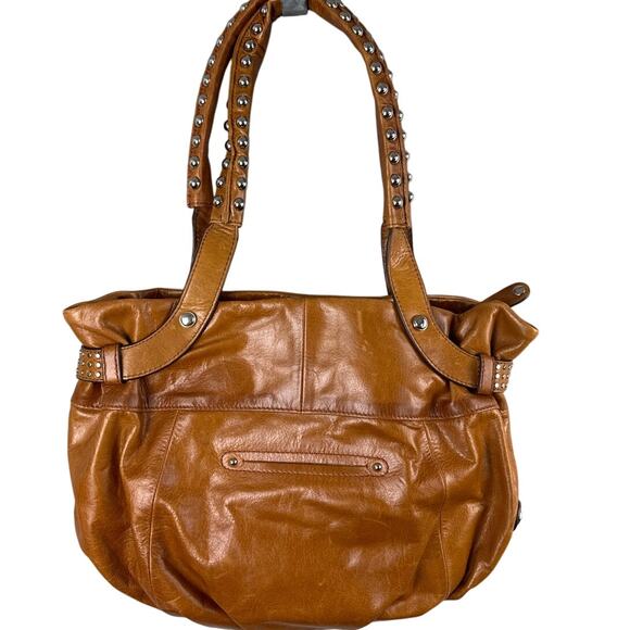 B Makowski Women's Vintage Silver Studded Purse Handbag Cognac Soft Leather - Picture 2 of 10